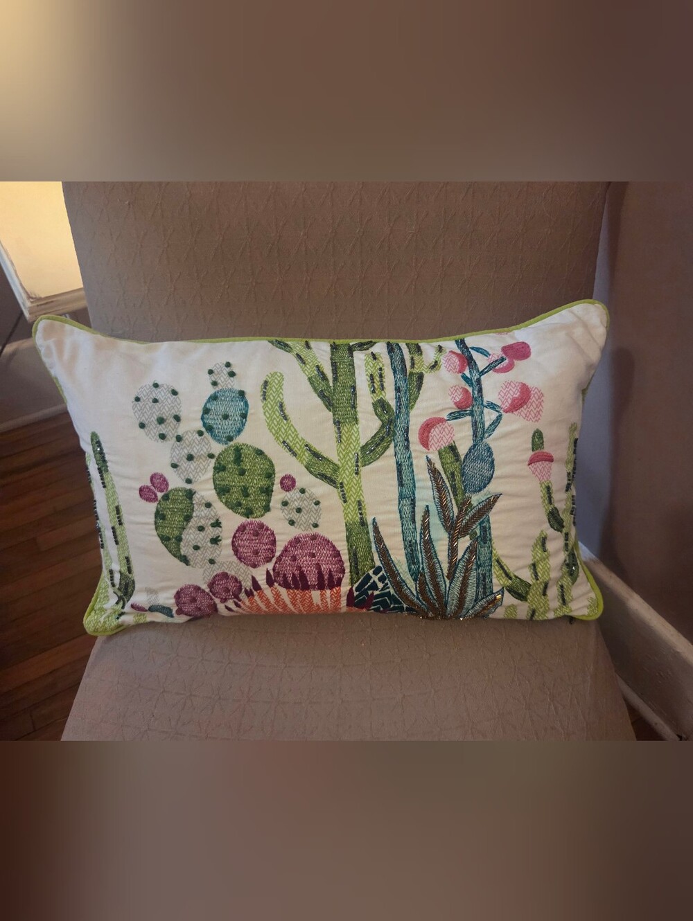 Succulent Embroidered Down Filled Throw Pillow With Jewels